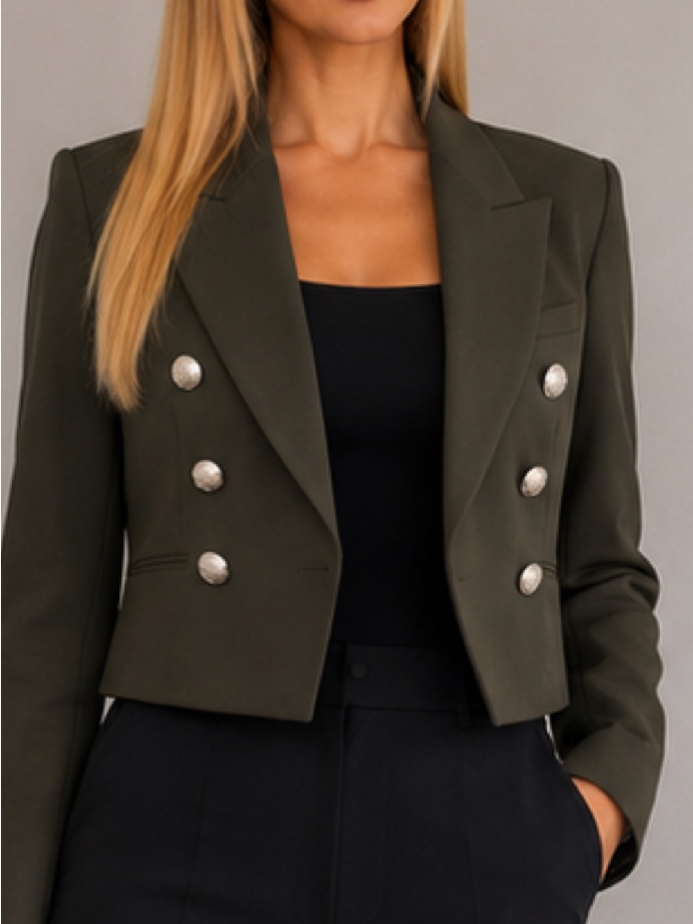 Bar III Olive Cropped Double-Breasted Blazer with Silver Buttons